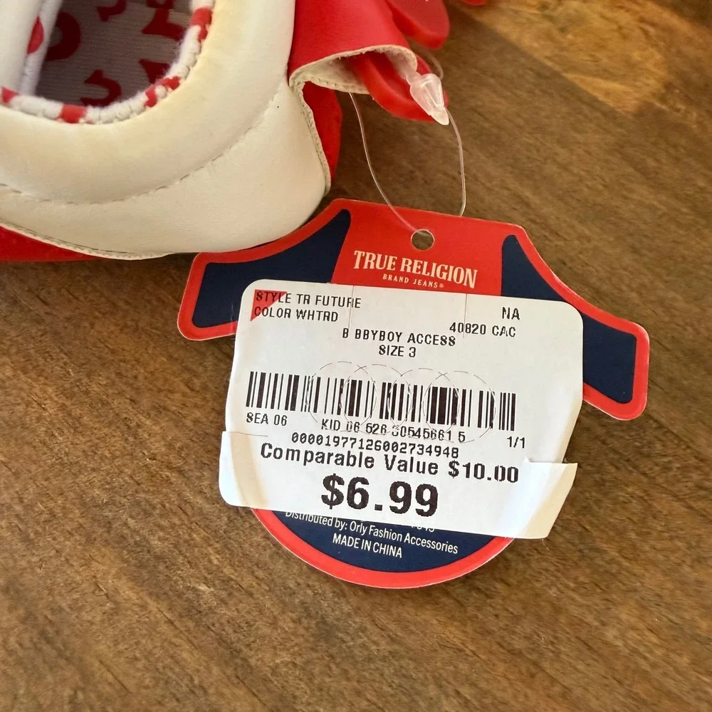 True Religion Baby Soft Sole Crib Shoes Size 2 White Red Hook & Loop NWT